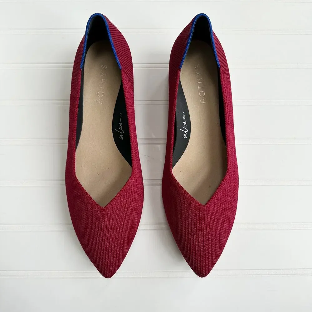 Rothy's Pointed Toe Low Block Heel Pumps in Burgundy with Blue Trim - Picture 2 of 8